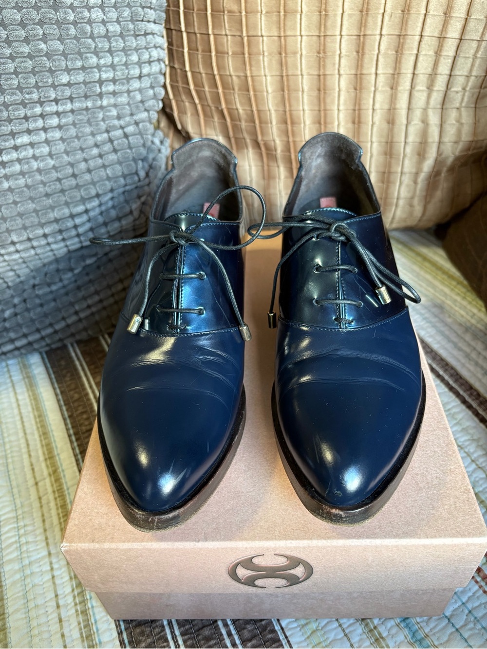 Capezzani Navy Leather Oxfords Italy Pointed Toe Flats Size 37